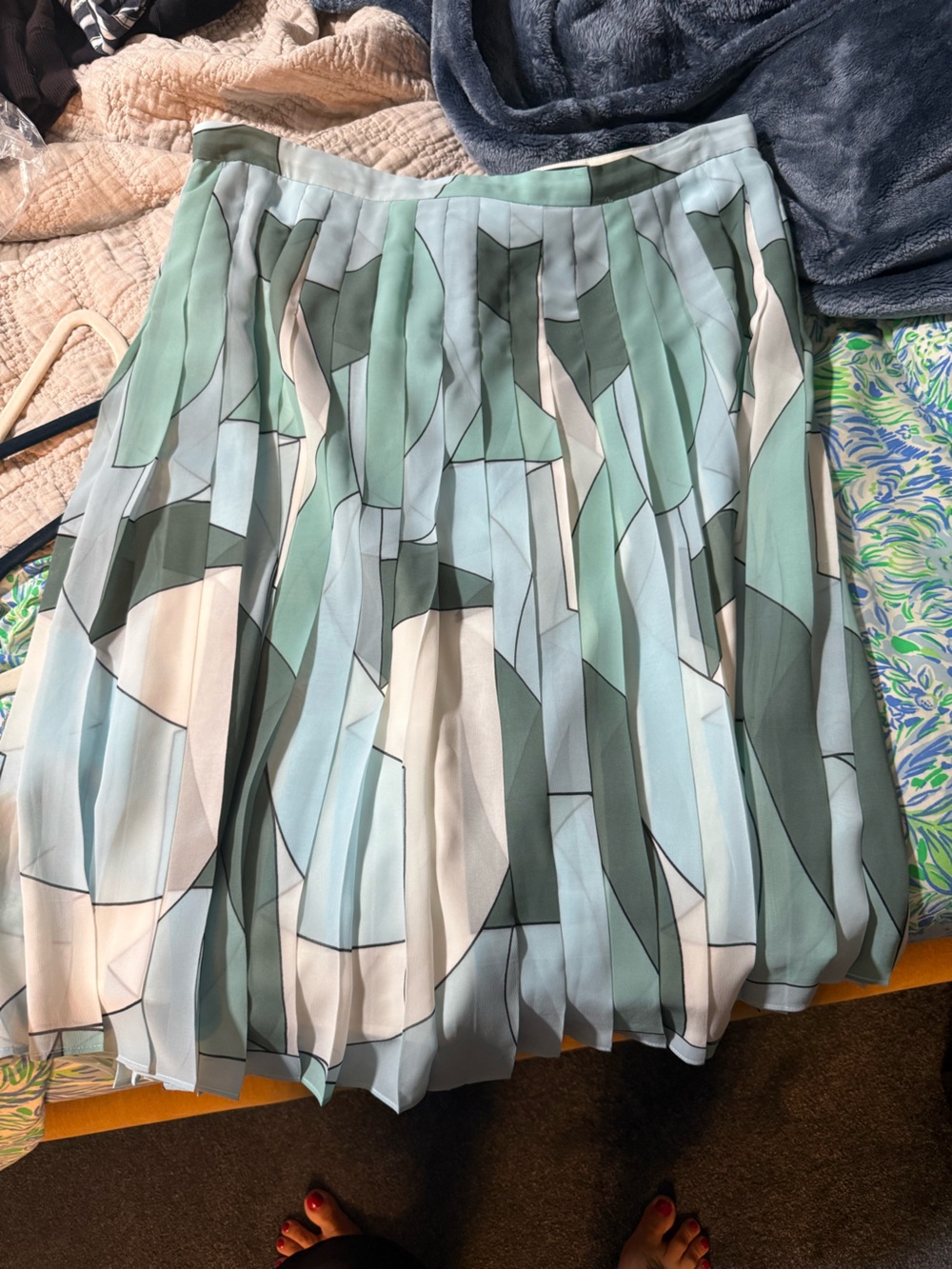 Ann Taylor Pleated Abstract Print Midi Skirt - Green & Blue 14